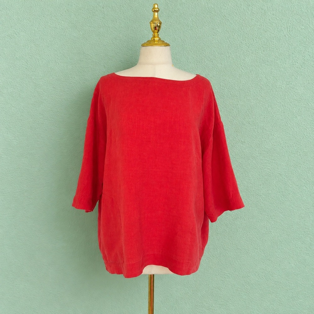 Eileen Fisher Top Womens Medium Red 100% Irish Linen Boat Neck Elbow Sleeve